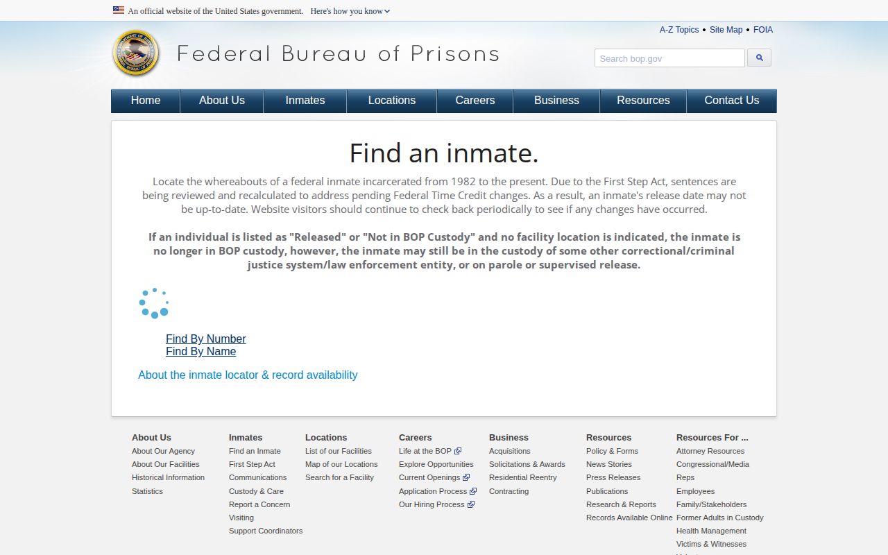 Federal BOP locator showing Released or Not in BOP Custody result fields