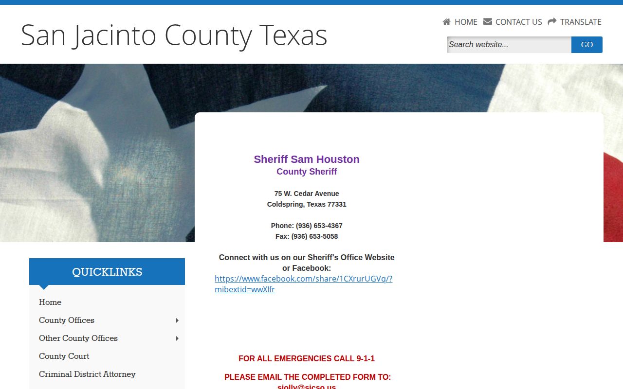 San Jacinto County Sheriff page without a 24-hour release list