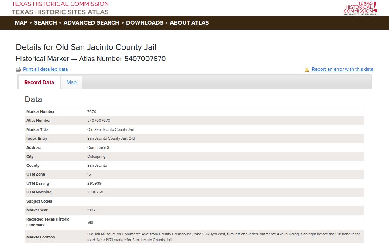 Texas Historical Commission record for the Old San Jacinto County Jail