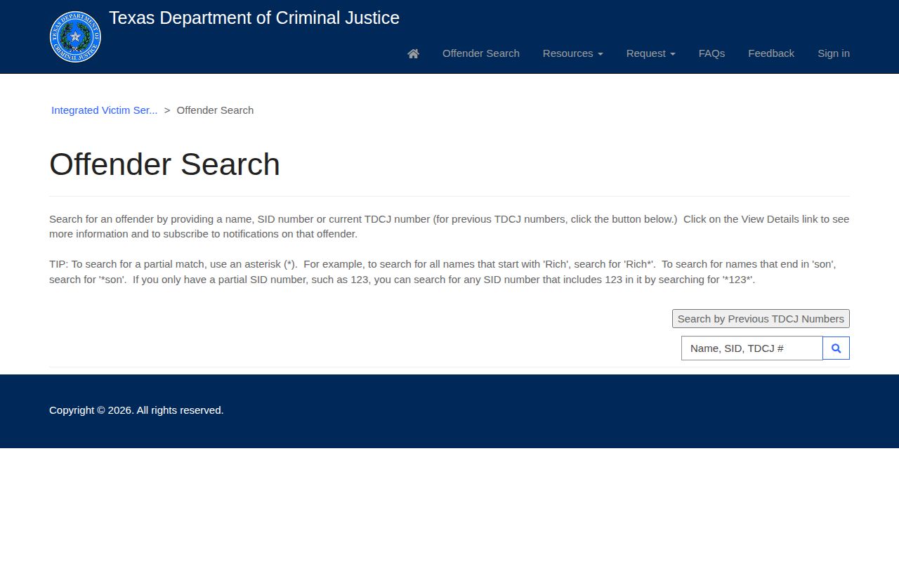 TDCJ search fields for San Jacinto County released inmate records