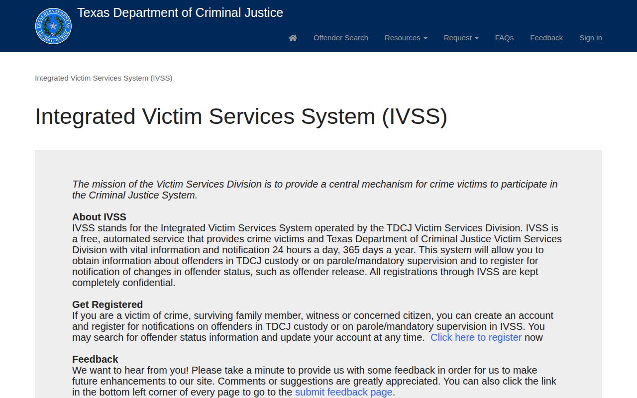 TDCJ IVSS custody parole search and notification interface